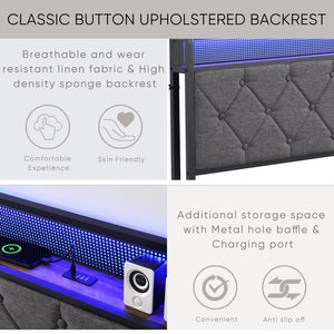 English Elm Queen Upholstered Platform Bed with LED RGB Headboard, USB Type-C Charging Shelf, Noise-Free Design W1916124804