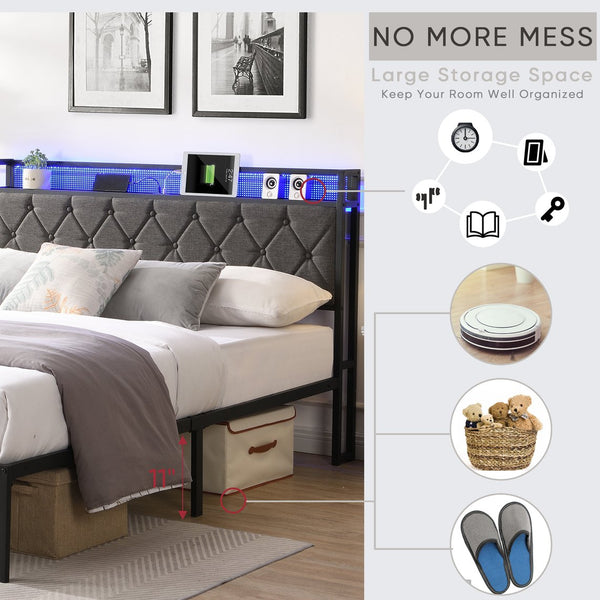 English Elm Queen Upholstered Platform Bed with LED RGB Headboard, USB Type-C Charging Shelf, Noise-Free Design W1916124804