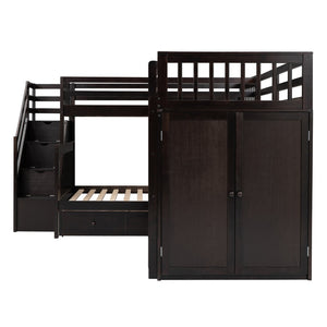 English Elm Twin-twin Over Full L-shaped Bunk Bed with Wardrobe Desk and Stair Storage Espresso LT100542AAP-1