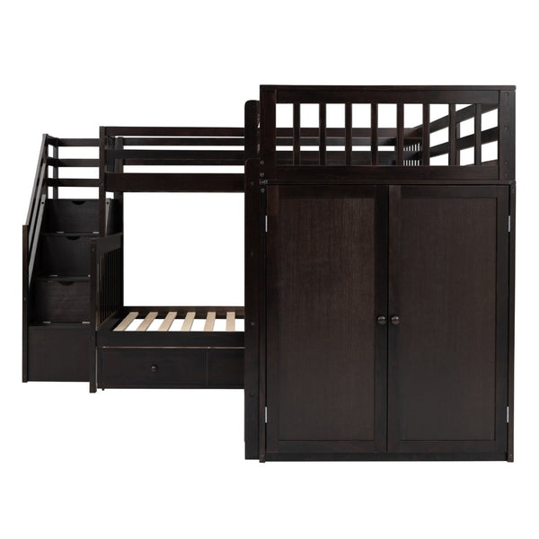 English Elm Twin-twin Over Full L-shaped Bunk Bed with Wardrobe Desk and Stair Storage Espresso LT100542AAP-1