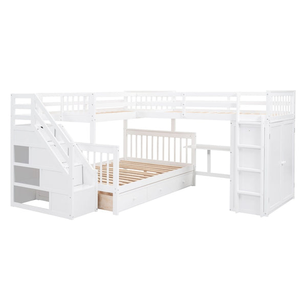 English Elm Twin-twin Over Full L-shaped Bunk Bed with Wardrobe Desk and Stair Storage Espresso White LT100542AAK
