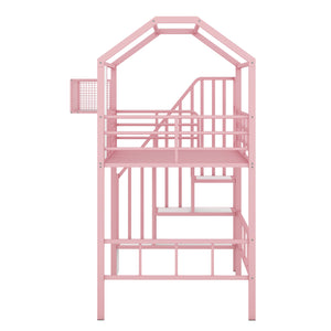 English Elm Metal Loft Bed with Roof Design and Storage Box for Twin Rooms, Space-Saving Study Nook and Ladder Pink GX000633AAH