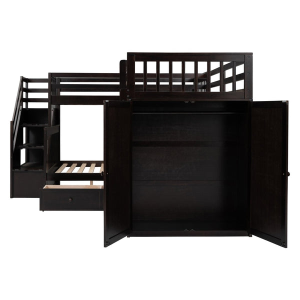 English Elm Twin-twin Over Full L-shaped Bunk Bed with Wardrobe Desk and Stair Storage Espresso LT100542AAP-1
