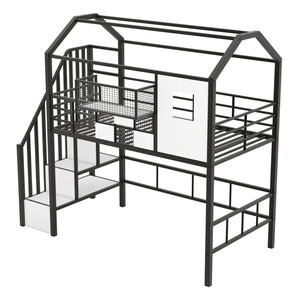 English Elm Metal Loft Bed with Roof Design and Storage Box for Twin Rooms, Space-Saving Study Nook and Ladder Black GX000633AAB