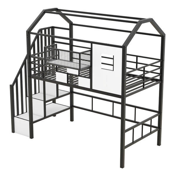 English Elm Metal Loft Bed with Roof Design and Storage Box for Twin Rooms, Space-Saving Study Nook and Ladder Black GX000633AAB