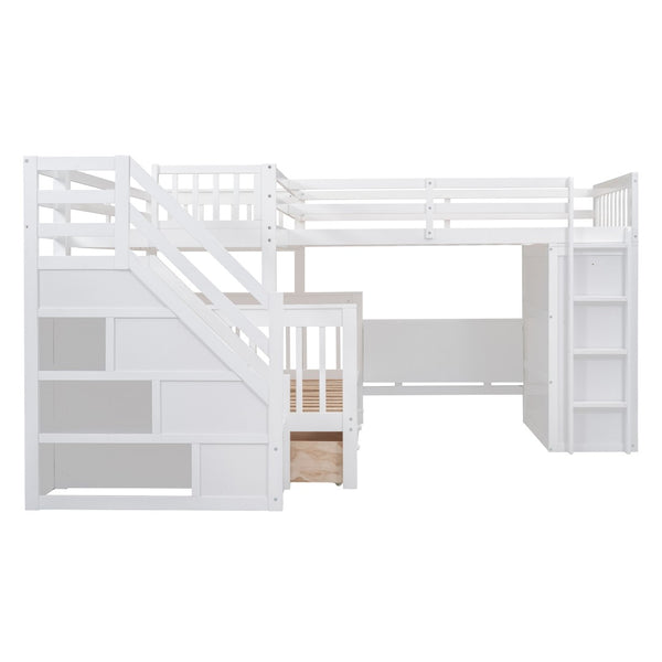 English Elm Twin-twin Over Full L-shaped Bunk Bed with Wardrobe Desk and Stair Storage Espresso White LT100542AAK