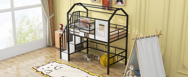 English Elm Metal Loft Bed with Roof Design and Storage Box for Twin Rooms, Space-Saving Study Nook and Ladder Black GX000633AAB