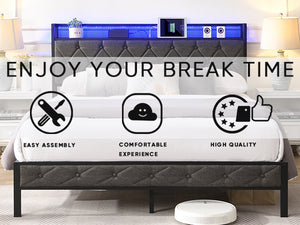 English Elm Full Upholstered Bed Frame with LED Headboard, USB-C Charging Shelf, Metal Slats, Quiet Support W1916124801