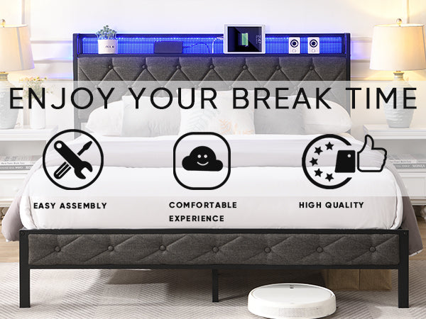 English Elm Queen Upholstered Platform Bed with LED RGB Headboard, USB Type-C Charging Shelf, Noise-Free Design W1916124804