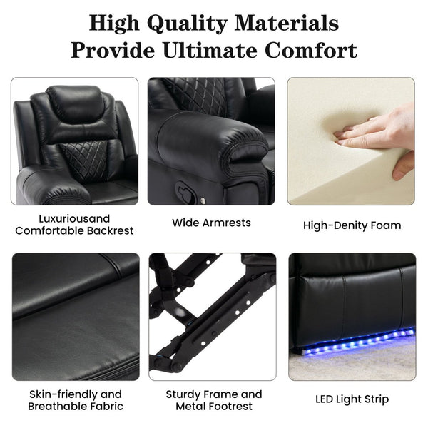 English Elm Home Theater Manual Reclining Loveseat Faux Leather with Led Lighting and Storage Console Black WF310726AAB