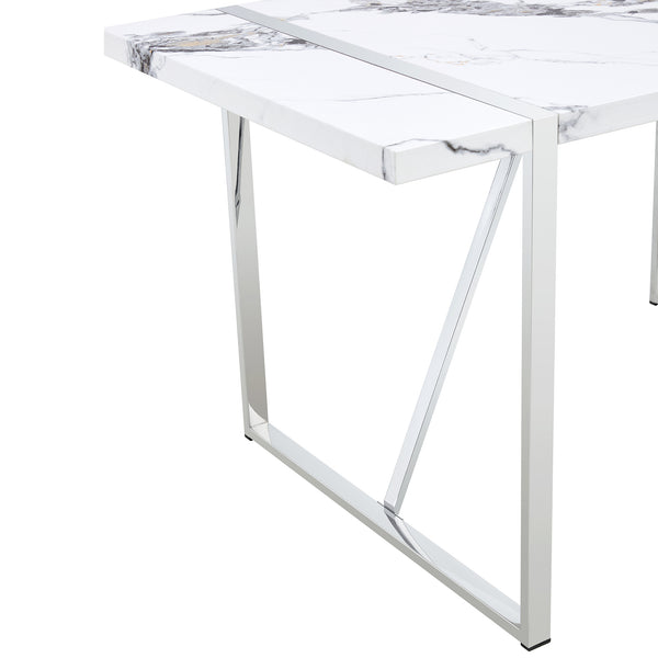 English Elm Modern 55" Faux Marble Dining Table for 4 - Rectangular MDF Top, Steel Legs, 300lb Capacity, Easy 30-Min Assembly, White Silver Finish WF312268AAK