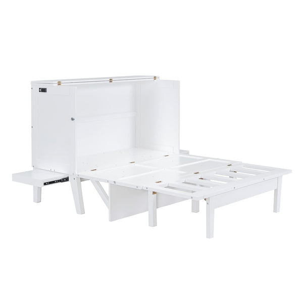 English Elm Full Size Murphy Wall Bed with Usb Charging Removable Shelves Pine Cabinet White LP001660AAK