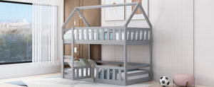 English Elm Twin House Bunk Bed with Fence and Door — Pine Wood Low-Profile Design, Sturdy Ladder & Cozy Play Space Gray WF313047AAE