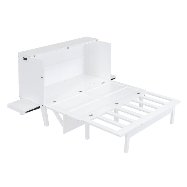 English Elm Queen Murphy Wall Bed with Usb Charging Pine Wood Cabinet for Studio Apartments White LP001661AAK