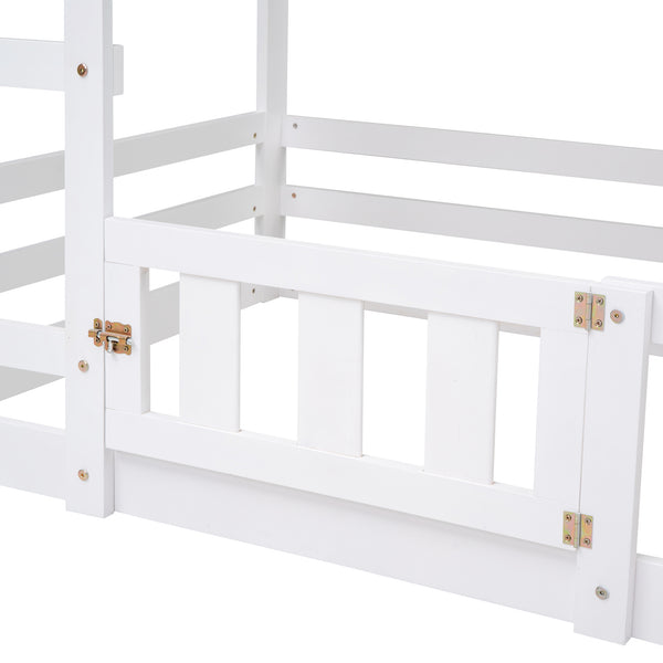 English Elm Twin House Bunk Bed with Fence and Door — Pine Wood Low-Profile Design, Sturdy Ladder & Cozy Play Space White WF313047AAK