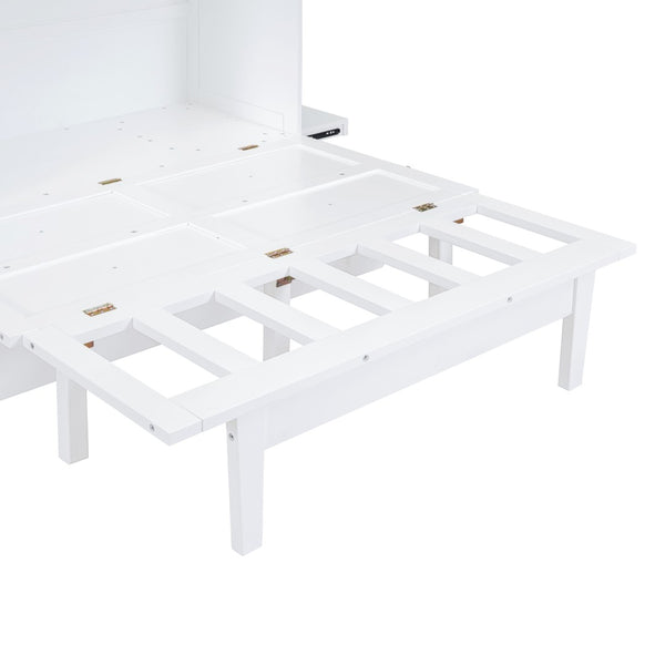 English Elm Full Size Murphy Wall Bed with Usb Charging Removable Shelves Pine Cabinet White LP001660AAK