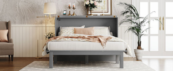 English Elm Queen Murphy Wall Bed with Usb Charging Pine Wood Cabinet for Studio Apartments Gray LP001661AAE