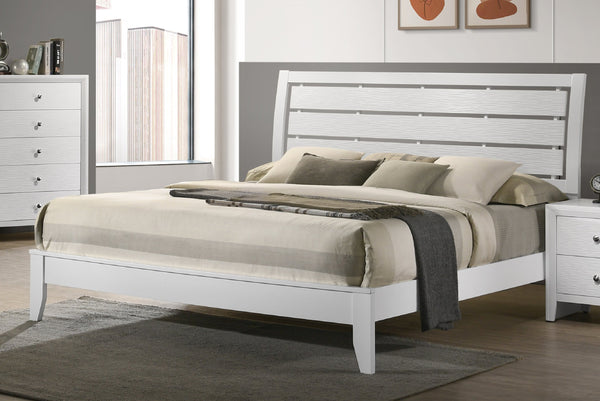 English Elm 1pc King Size White Panel Bed with Geometric Accents, Soft Curved Headboard & Low Profile Footboard B011S00630