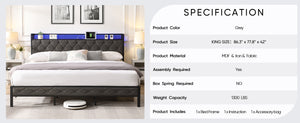 English Elm King Upholstered Platform Bed with LED Headboard, USB Type-C Charging & Hidden Shelf, Noise-Free Support W1916124806