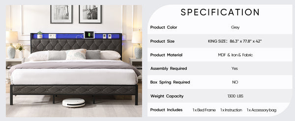 English Elm King Upholstered Platform Bed with LED Headboard, USB Type-C Charging & Hidden Shelf, Noise-Free Support W1916124806
