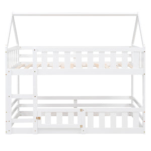 English Elm Twin House Bunk Bed with Fence and Door — Pine Wood Low-Profile Design, Sturdy Ladder & Cozy Play Space White WF313047AAK