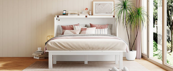 English Elm Queen Murphy Wall Bed with Usb Charging Pine Wood Cabinet for Studio Apartments White LP001661AAK