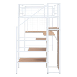 English Elm Twin Metal Loft Bed with Desk, Ladder Shelves and Under-Wardrobe for Space-Saving Study & Storage, Sturdy Frame White SF000023AAK