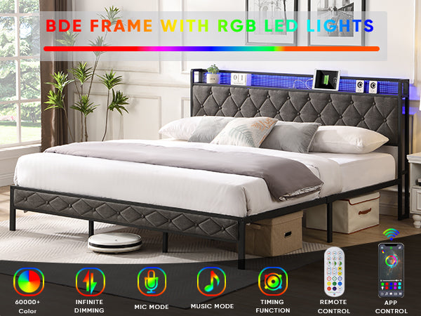 English Elm King Upholstered Platform Bed with LED Headboard, USB Type-C Charging & Hidden Shelf, Noise-Free Support W1916124806