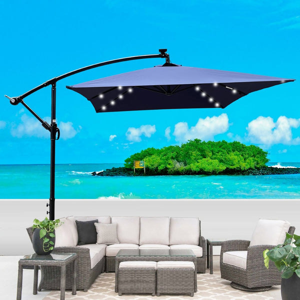 English Elm Rectangle Solar Led Patio Umbrella with Crank Lift Upf 40 Waterproof Garden Shade Navy Blue W656127031