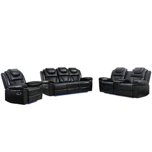 English Elm 3 Piece Faux Leather Manual Recliner Set with Led Base Lighting and Console Black SG001130AAB