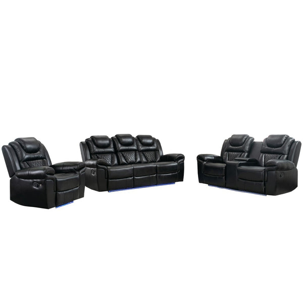 English Elm 3 Piece Faux Leather Manual Recliner Set with Led Base Lighting and Console Black SG001130AAB