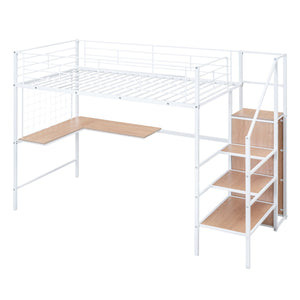 English Elm Twin Metal Loft Bed with Desk, Ladder Shelves and Under-Wardrobe for Space-Saving Study & Storage, Sturdy Frame White SF000023AAK