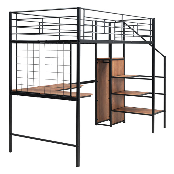 English Elm Twin Metal Loft Bed with Desk, Ladder Shelves and Under-Wardrobe for Space-Saving Study & Storage, Sturdy Frame Black SF000023AAB