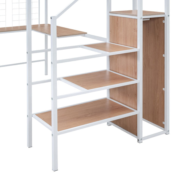 English Elm Twin Metal Loft Bed with Desk, Ladder Shelves and Under-Wardrobe for Space-Saving Study & Storage, Sturdy Frame White SF000023AAK
