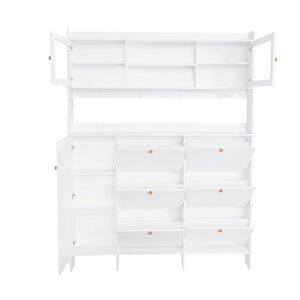 English Elm Black Hall Tree Foyer Cabinet Flip Shoe Storage Tempered Glass Hooks Shelf SD000028AAK