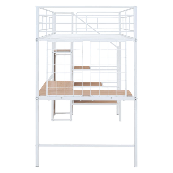 English Elm Twin Metal Loft Bed with Desk, Ladder Shelves and Under-Wardrobe for Space-Saving Study & Storage, Sturdy Frame White SF000023AAK