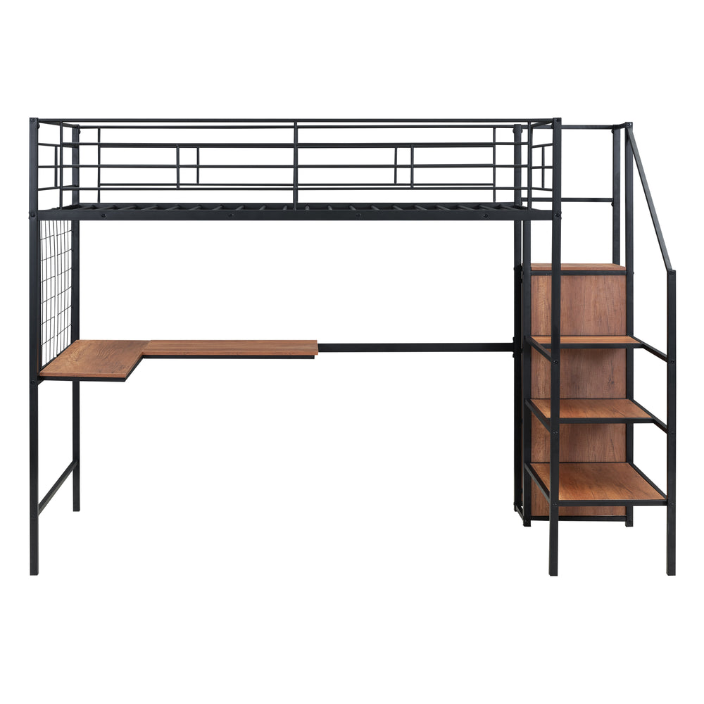 English Elm Twin Metal Loft Bed with Desk, Ladder Shelves and Under-Wardrobe for Space-Saving Study & Storage, Sturdy Frame Black SF000023AAB