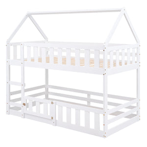 English Elm Twin House Bunk Bed with Fence and Door — Pine Wood Low-Profile Design, Sturdy Ladder & Cozy Play Space White WF313047AAK
