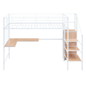 English Elm Twin Metal Loft Bed with Desk, Ladder Shelves and Under-Wardrobe for Space-Saving Study & Storage, Sturdy Frame White SF000023AAK