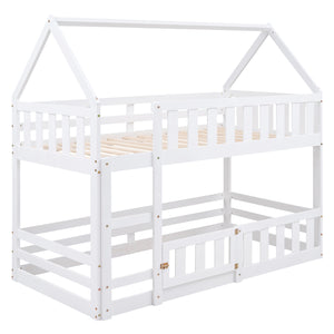 English Elm Twin House Bunk Bed with Fence and Door — Pine Wood Low-Profile Design, Sturdy Ladder & Cozy Play Space White WF313047AAK