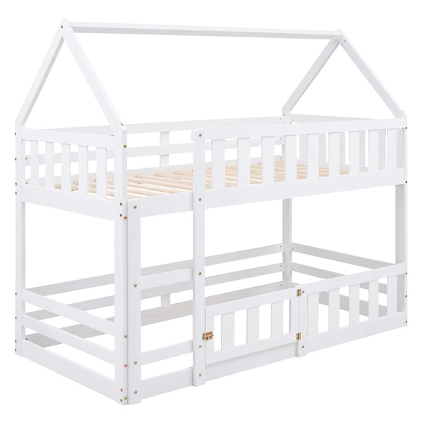 English Elm Twin House Bunk Bed with Fence and Door — Pine Wood Low-Profile Design, Sturdy Ladder & Cozy Play Space White WF313047AAK
