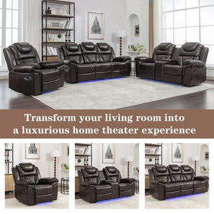 English Elm Home Theater Manual Reclining Loveseat Faux Leather with Led Lighting and Storage Console Brown WF310726AAD