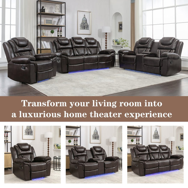 English Elm Home Theater Manual Reclining Loveseat Faux Leather with Led Lighting and Storage Console Brown WF310726AAD