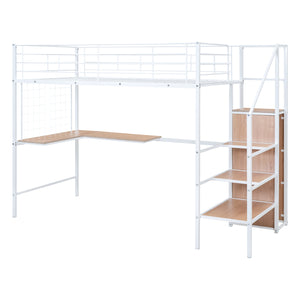English Elm Twin Metal Loft Bed with Desk, Ladder Shelves and Under-Wardrobe for Space-Saving Study & Storage, Sturdy Frame White SF000023AAK