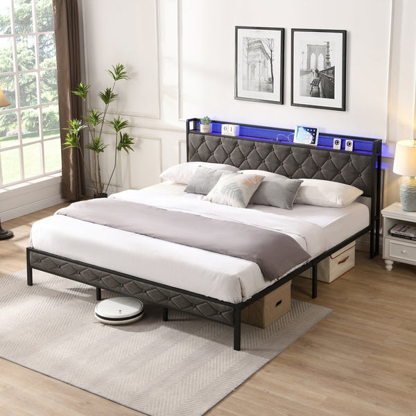 English Elm King Upholstered Platform Bed with LED Headboard, USB Type-C Charging & Hidden Shelf, Noise-Free Support W1916124806