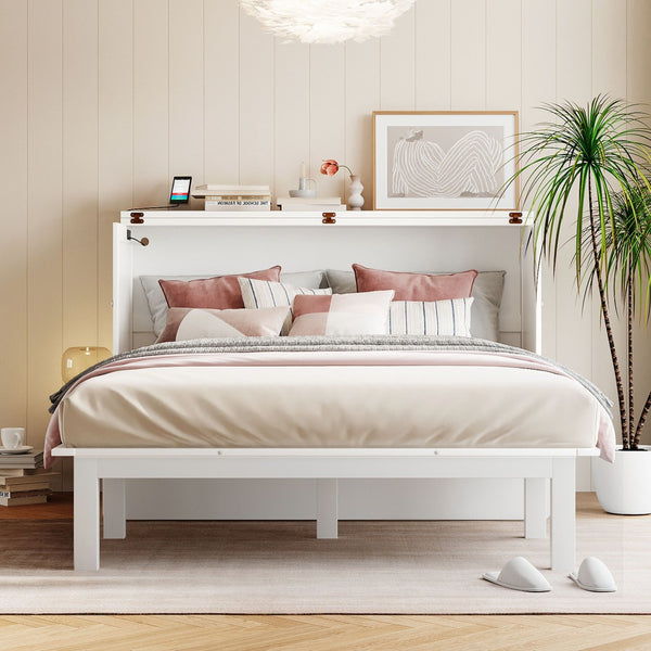 English Elm Queen Murphy Wall Bed with Usb Charging Pine Wood Cabinet for Studio Apartments White LP001661AAK