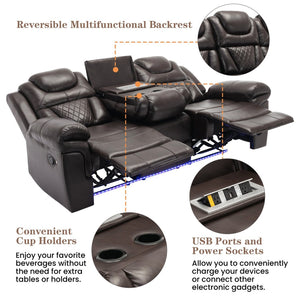 English Elm 3 Piece Faux Leather Manual Recliner Set with Led Base Lighting and Console Brown SG001130AAD