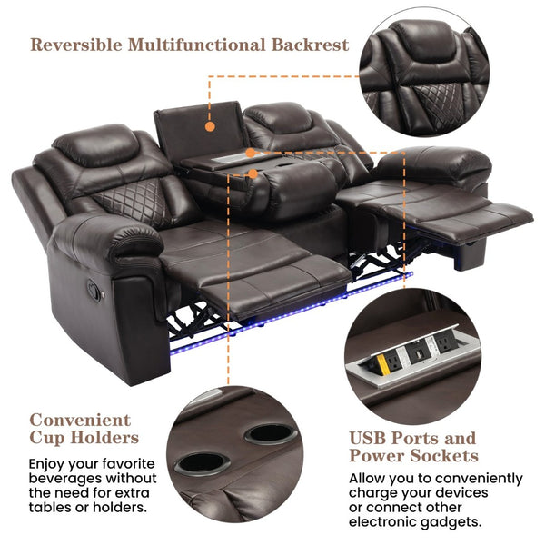 English Elm 3 Piece Faux Leather Manual Recliner Set with Led Base Lighting and Console Brown SG001130AAD