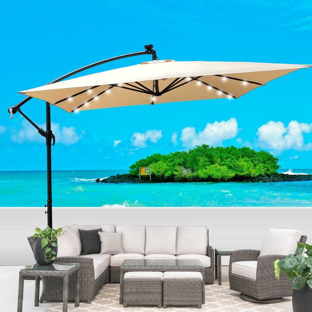 English Elm Square Solar Led Patio Umbrella Upf 40 Polyester Canopy with Crank Lift Wind Vent Tan W656127036