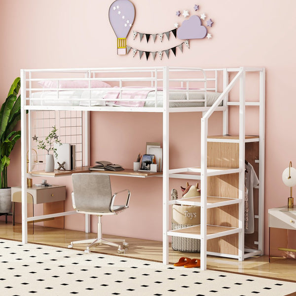 English Elm Twin Metal Loft Bed with Desk, Ladder Shelves and Under-Wardrobe for Space-Saving Study & Storage, Sturdy Frame White SF000023AAK